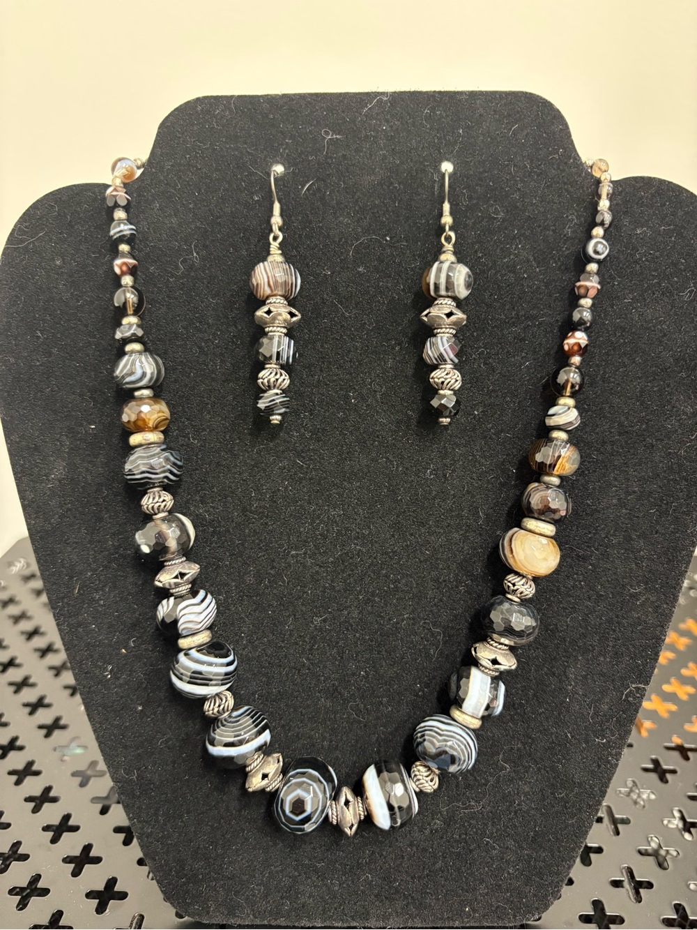 Artisan made black agate necklace and earrings set